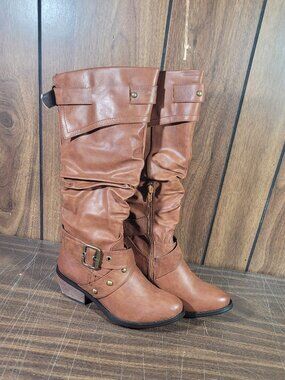 Women Boots Brown Casual Western Style 2" Heel Half Zipper Size: 7